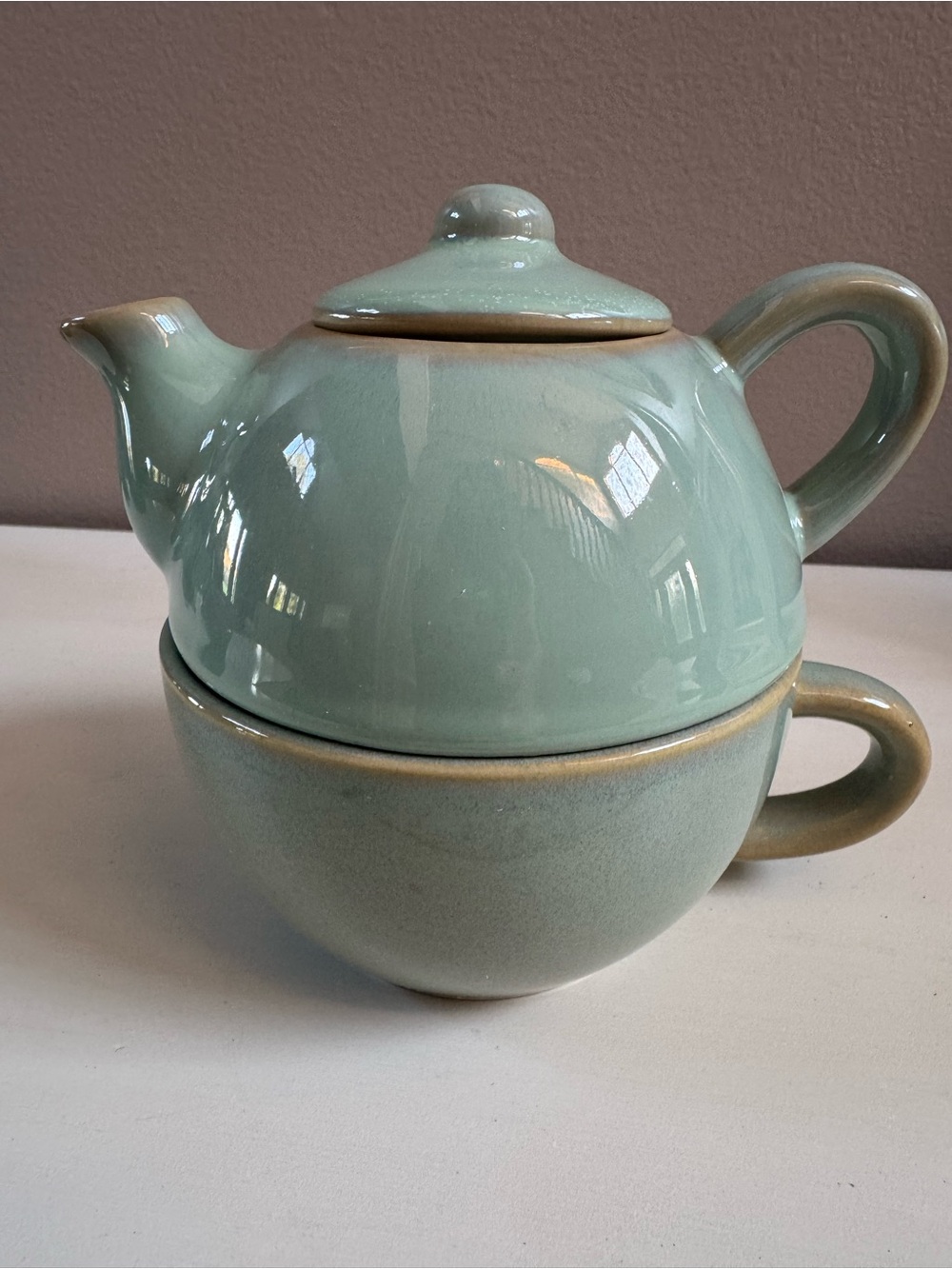 Pier 1 stoneware Teapot Mug Set in Seafoam Green vintage